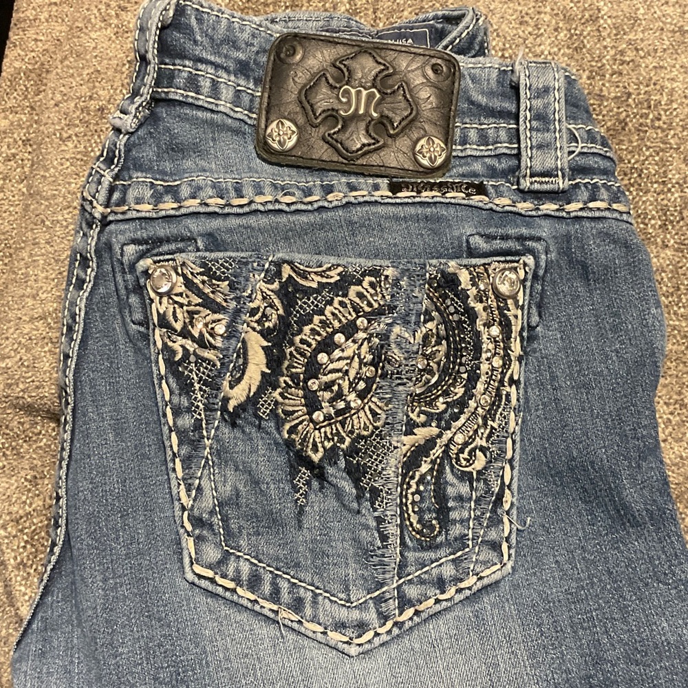 Miss Me Blue Embroidered Pocket Bootcut Jeans
